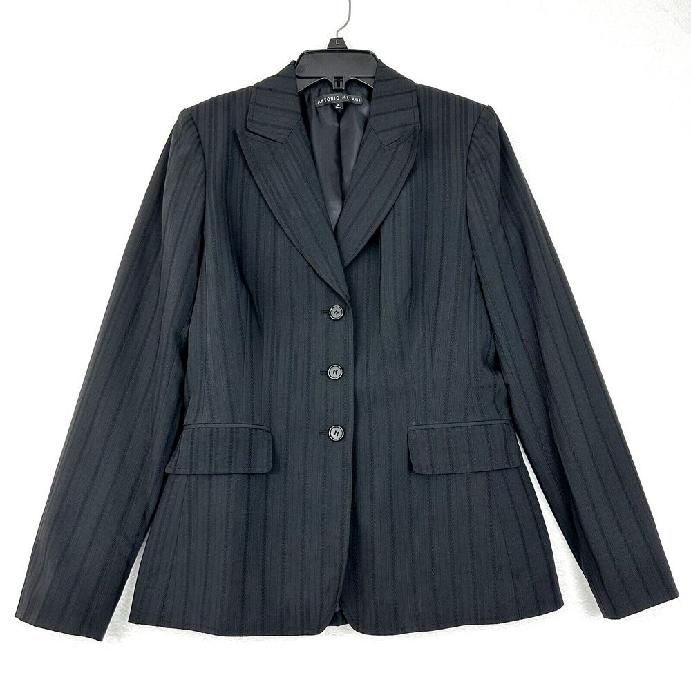 Antonio Melani Womens Blazer Sz 4 Black Textured Pin Stripe Three Button Stretch
